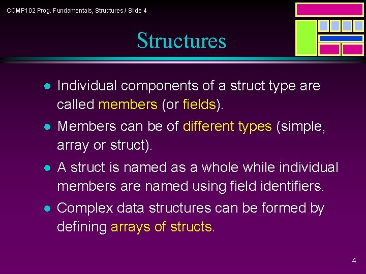 COMP 102 Prog. Fundamentals, Structures / Slide 4 Structures l Individual components of a