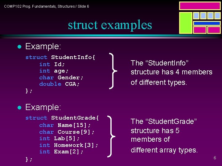 COMP 102 Prog. Fundamentals, Structures / Slide 6 struct examples l Example: struct Student.