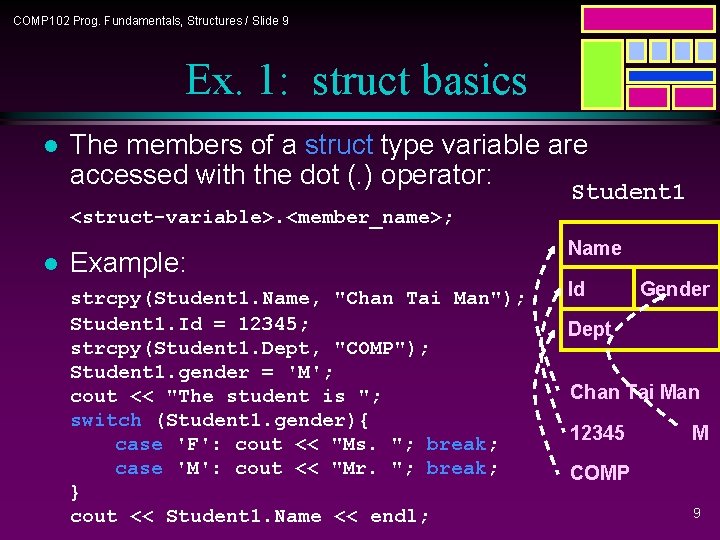 COMP 102 Prog. Fundamentals, Structures / Slide 9 Ex. 1: struct basics l The