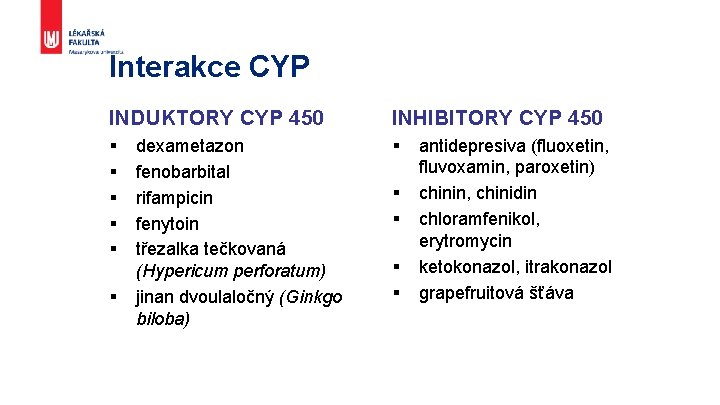 Interakce CYP INDUKTORY CYP 450 INHIBITORY CYP 450 § § § § dexametazon fenobarbital