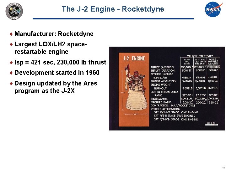 The J-2 Engine - Rocketdyne Manufacturer: Rocketdyne Largest LOX/LH 2 spacerestartable engine Isp =