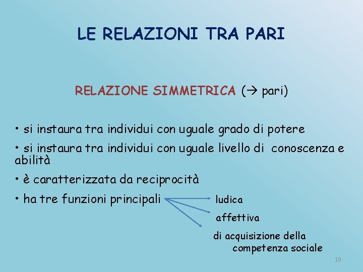 LE RELAZIONI TRA PARI RELAZIONE SIMMETRICA ( pari) • si instaura tra individui con