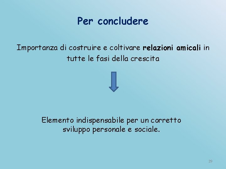 Per concludere Importanza di costruire e coltivare relazioni amicali in tutte le fasi della