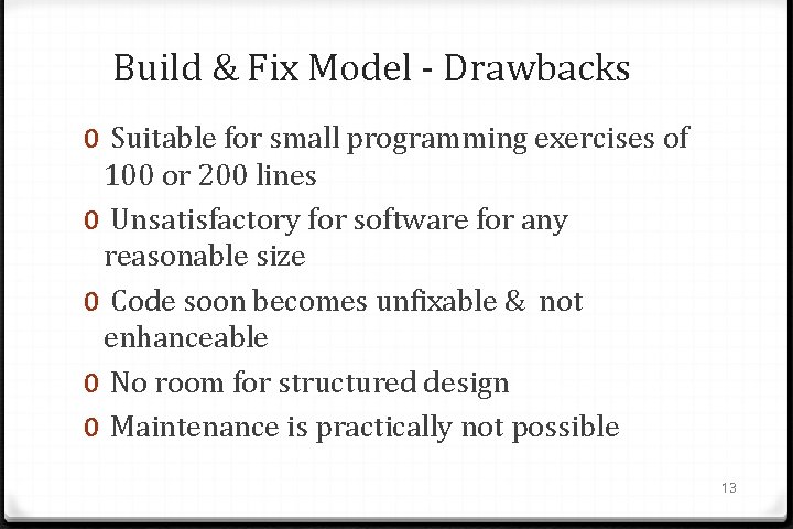 Build & Fix Model - Drawbacks 0 Suitable for small programming exercises of 100