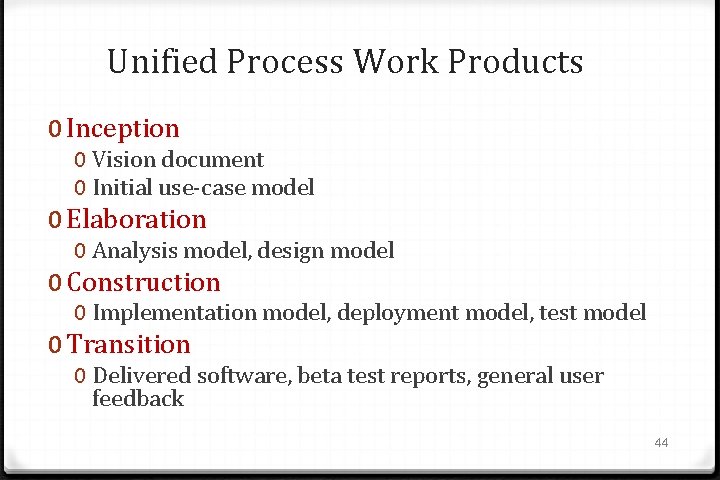 Unified Process Work Products 0 Inception 0 Vision document 0 Initial use-case model 0