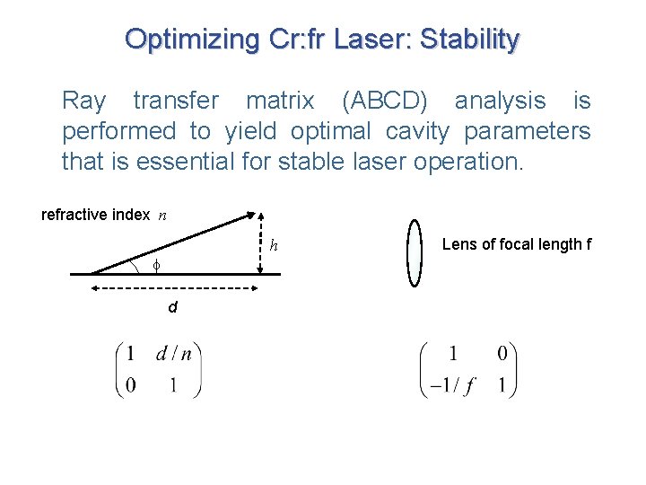 Optimizing Cr: fr Laser: Stability Ray transfer matrix (ABCD) analysis is performed to yield