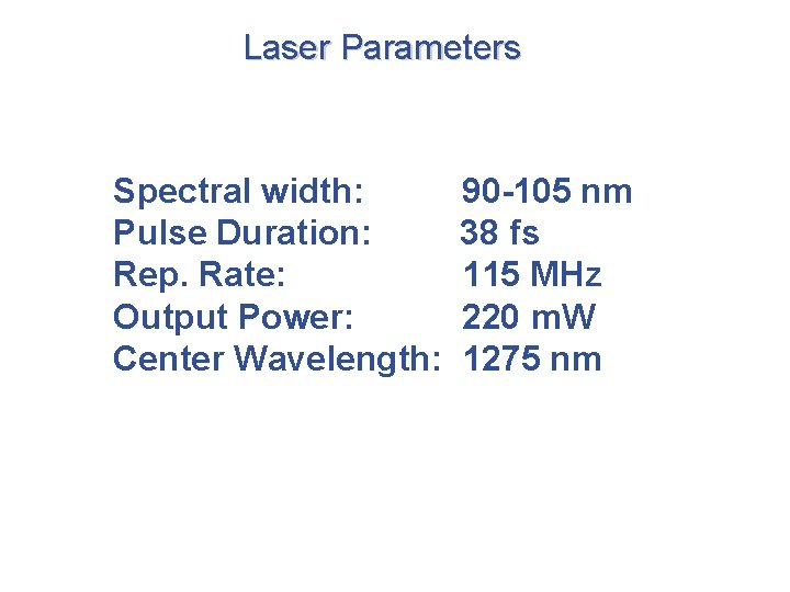 Laser Parameters Spectral width: Pulse Duration: Rep. Rate: Output Power: Center Wavelength: 90 -105