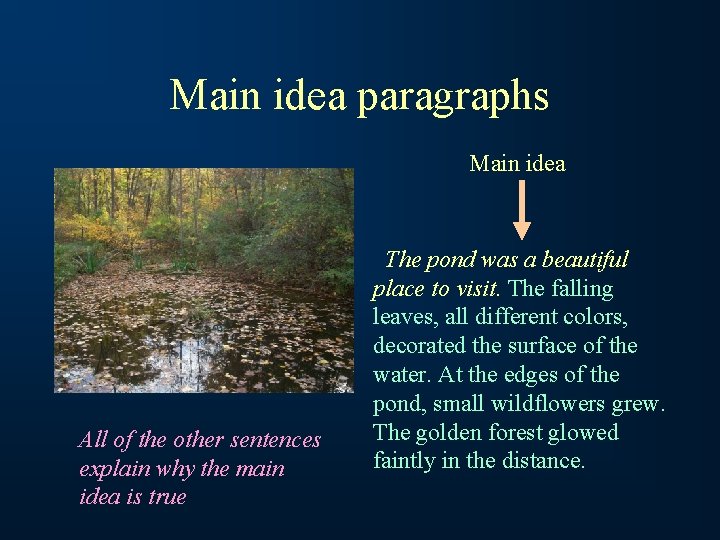 Main idea paragraphs Main idea All of the other sentences explain why the main