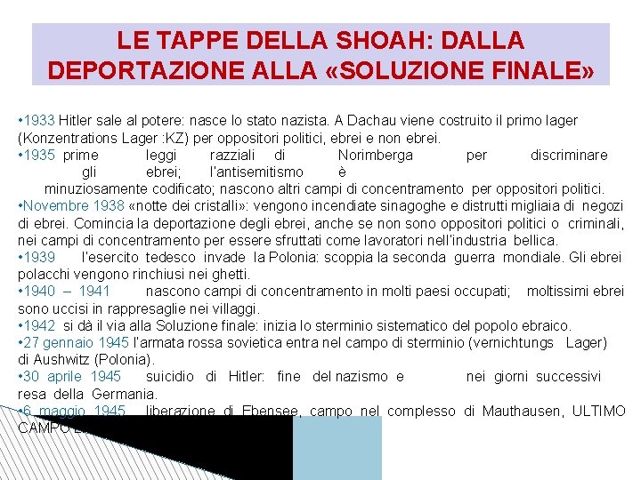 LE TAPPE DELLA SHOAH: DALLA DEPORTAZIONE ALLA «SOLUZIONE FINALE» • 1933 Hitler sale al