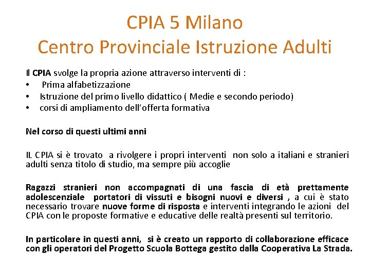 CPIA 5 Milano Centro Provinciale Istruzione Adulti Il CPIA svolge la propria azione attraverso CPIA 5 Milano Centro Provinciale Istruzione Adulti Il CPIA svolge la propria azione attraverso