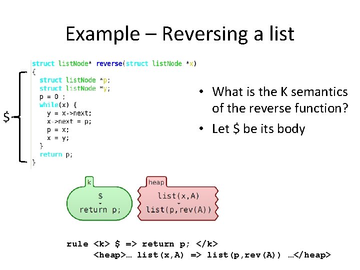 Example – Reversing a list $ • What is the K semantics of the