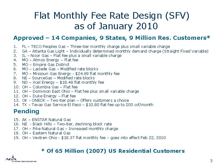 Flat Monthly Fee Rate Design (SFV) as of January 2010 Approved – 14 Companies,