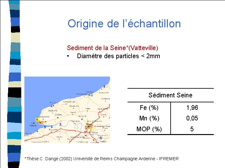 Origine de l’échantillon Sediment de la Seine*(Vatteville) • Diamètre des particles < 2 mm