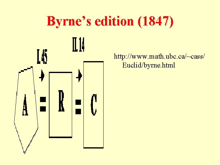 Byrne’s edition (1847) http: //www. math. ubc. ca/~cass/ Euclid/byrne. html 