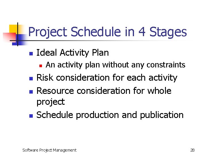 Project Schedule in 4 Stages n Ideal Activity Plan n n An activity plan