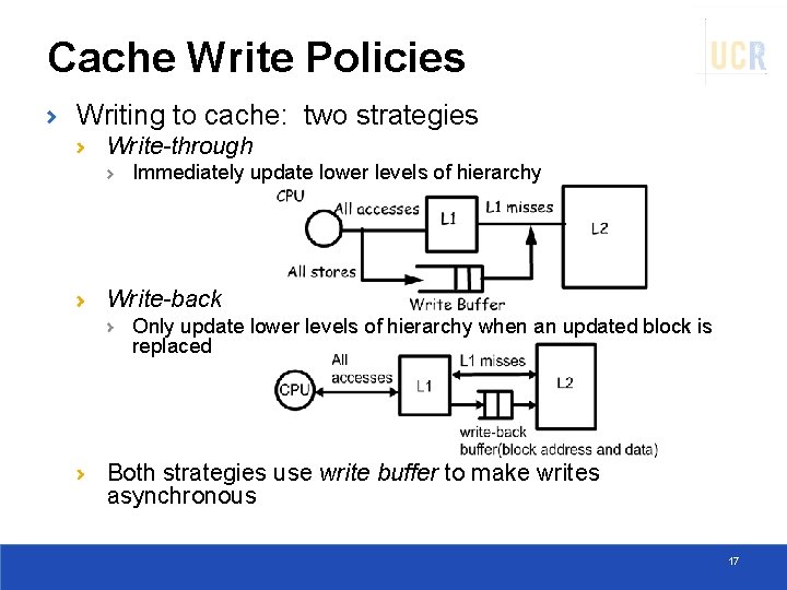 Cache Write Policies Writing to cache: two strategies Write-through Immediately update lower levels of