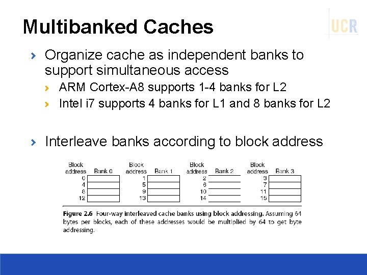 Multibanked Caches Organize cache as independent banks to support simultaneous access ARM Cortex-A 8