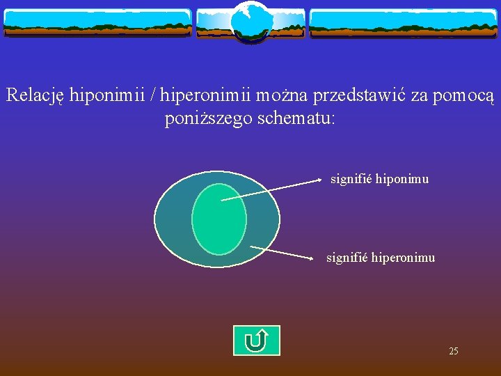 Relację hiponimii / hiperonimii można przedstawić za pomocą poniższego schematu: signifié hiponimu signifié hiperonimu