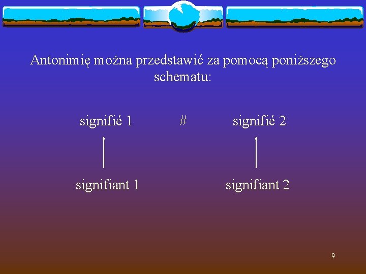 Antonimię można przedstawić za pomocą poniższego schematu: signifié 1 # signifié 2 signifiant 1