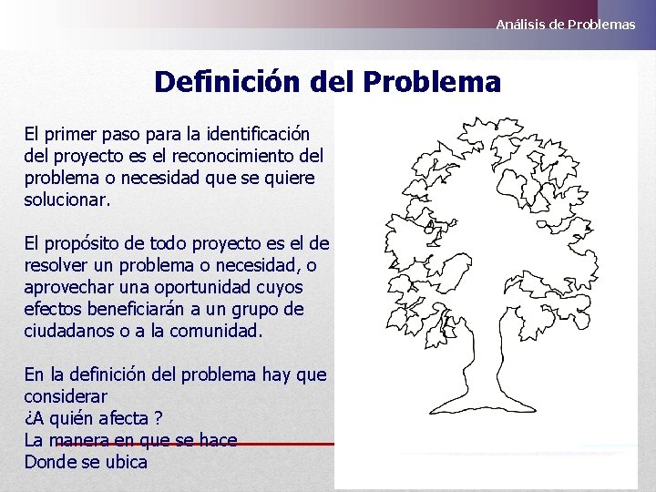 Análisis de Problemas Definición del Problema El primer paso para la identificación del proyecto