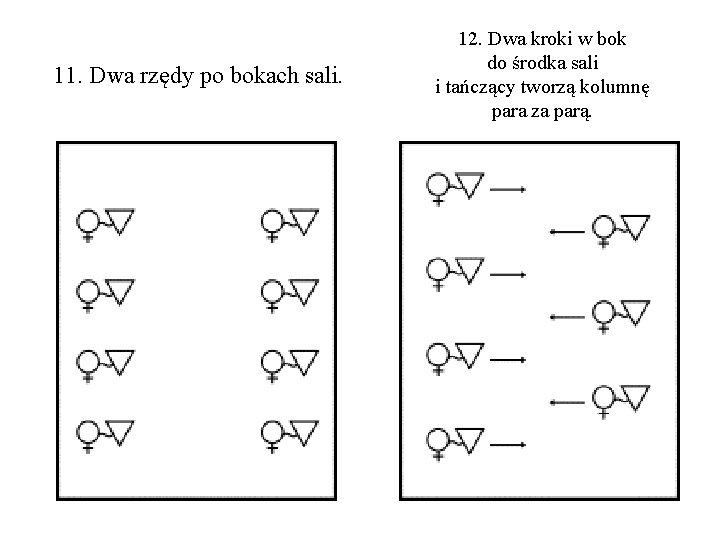 11. Dwa rzędy po bokach sali. 12. Dwa kroki w bok do środka sali