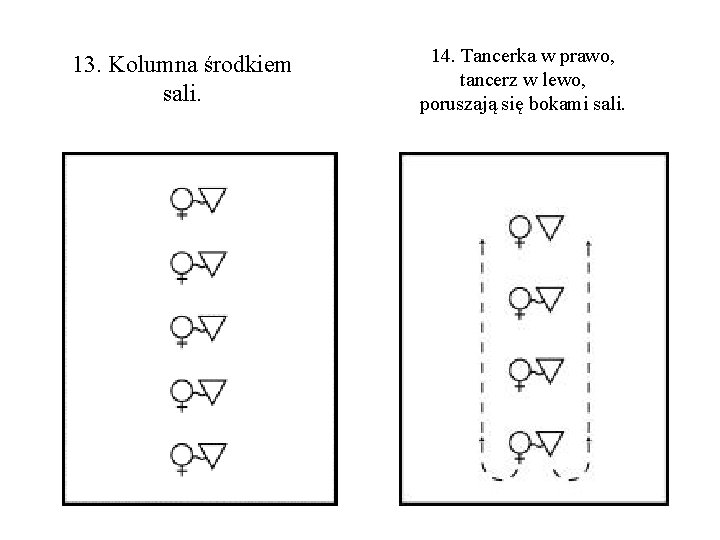 13. Kolumna środkiem sali. 14. Tancerka w prawo, tancerz w lewo, poruszają się bokami