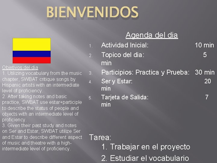 BIENVENIDOS Agenda del dia 1. 2. Objetivos del día 1. Utilizing vocabulary from the