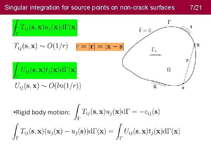 Singular integration for source points on non-crack surfaces 7/21 • Rigid body motion: 8