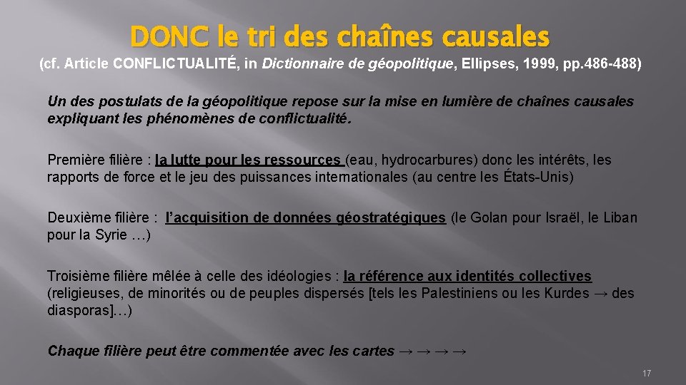 DONC le tri des chaînes causales (cf. Article CONFLICTUALITÉ, in Dictionnaire de géopolitique, Ellipses,