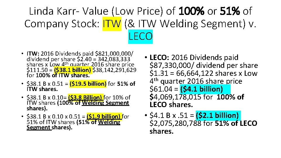 Linda Karr- Value (Low Price) of 100% or 51% of Company Stock: ITW (&