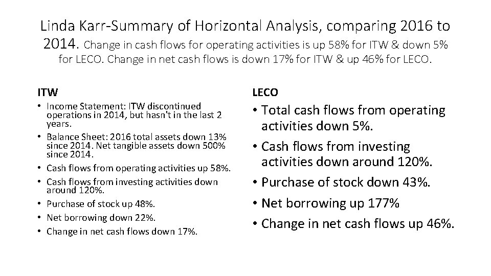 Linda Karr-Summary of Horizontal Analysis, comparing 2016 to 2014. Change in cash flows for