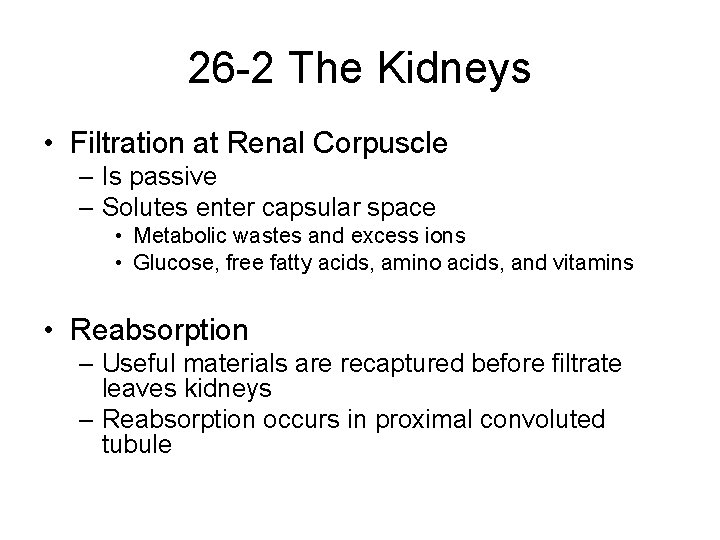 26 -2 The Kidneys • Filtration at Renal Corpuscle – Is passive – Solutes