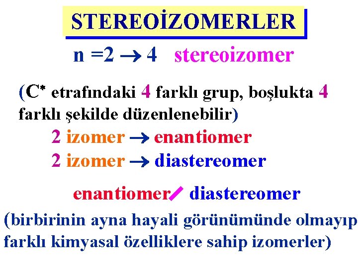 STEREOİZOMERLER n =2 4 stereoizomer (C etrafındaki 4 farklı grup, boşlukta 4 farklı şekilde