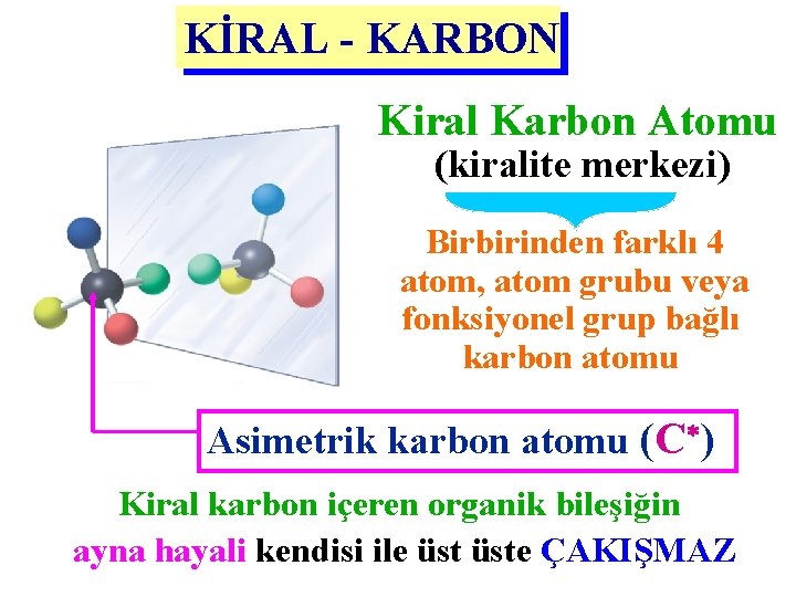 KİRAL - KARBON Kiral Karbon Atomu (kiralite merkezi) Birbirinden farklı 4 atom, atom grubu