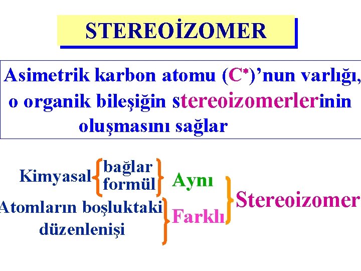 STEREOİZOMER Asimetrik karbon atomu (C )’nun varlığı, o organik bileşiğin stereoizomerlerinin oluşmasını sağlar bağlar