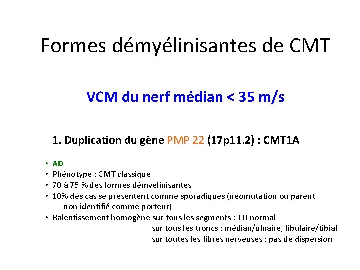 Formes démyélinisantes de CMT VCM du nerf médian < 35 m/s 1. Duplication du