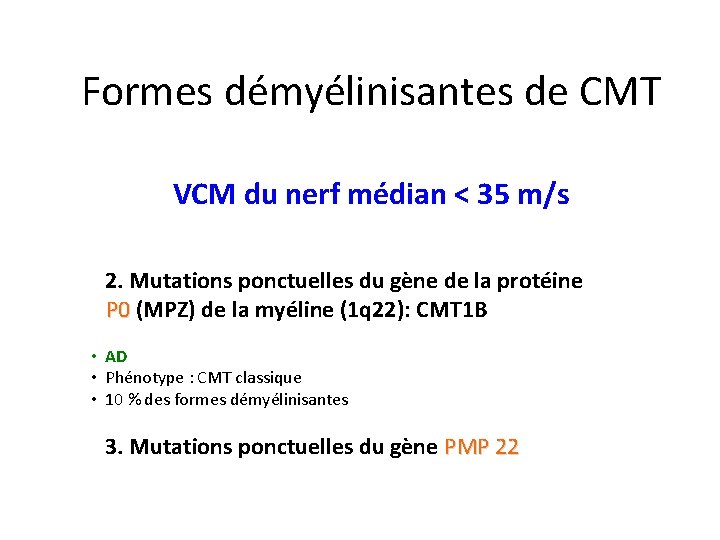 Formes démyélinisantes de CMT VCM du nerf médian < 35 m/s 2. Mutations ponctuelles