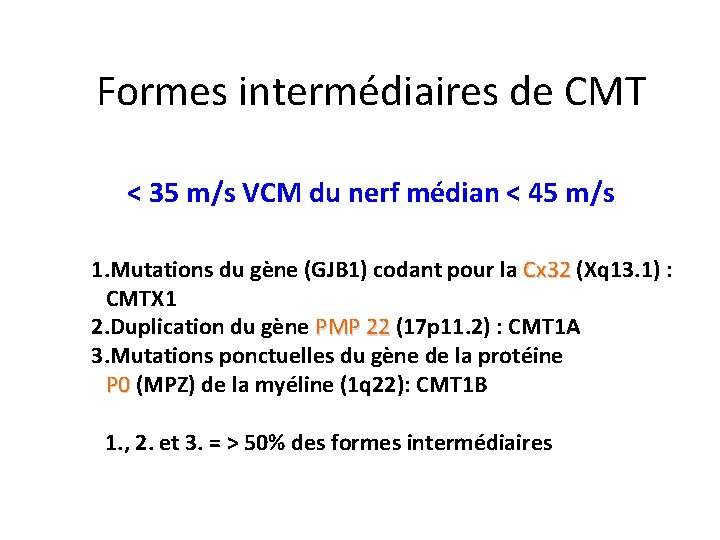 Formes intermédiaires de CMT < 35 m/s VCM du nerf médian < 45 m/s