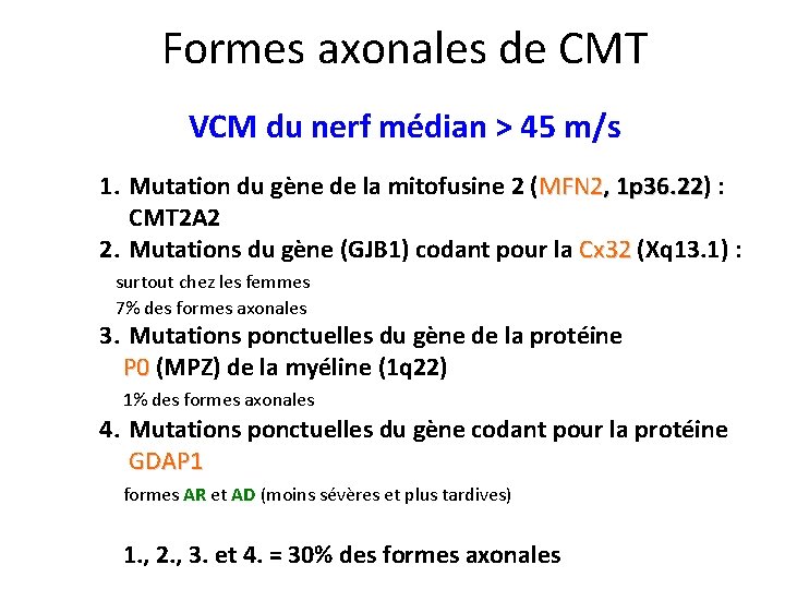 Formes axonales de CMT VCM du nerf médian > 45 m/s 1. Mutation du