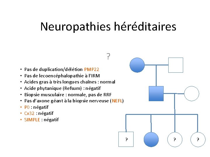 Neuropathies héréditaires ? • • • Pas de duplication/délétion PMP 22 Pas de lecoencéphalopathie