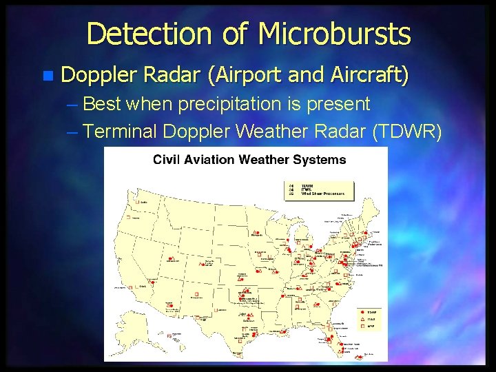 Detection of Microbursts n Doppler Radar (Airport and Aircraft) – Best when precipitation is