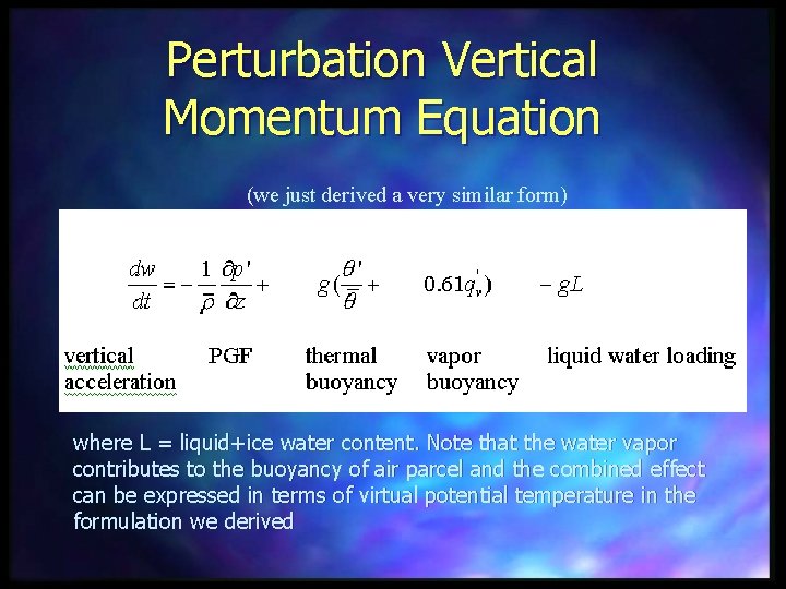 Perturbation Vertical Momentum Equation (we just derived a very similar form) where L =
