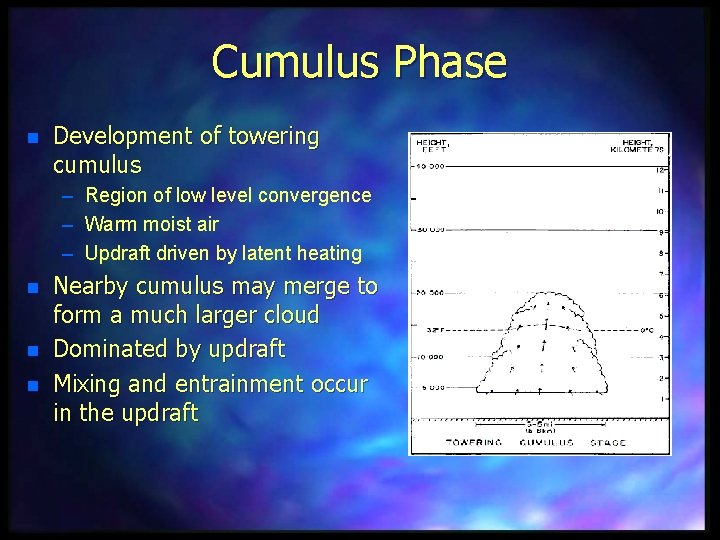 Cumulus Phase n Development of towering cumulus – Region of low level convergence –