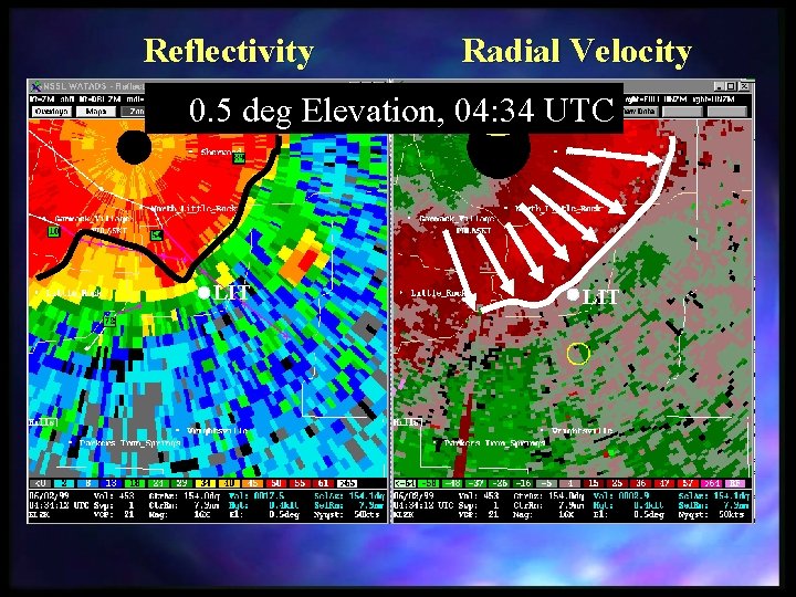  Reflectivity Radial Velocity 0. 5 deg Elevation, 04: 34 UTC LIT 