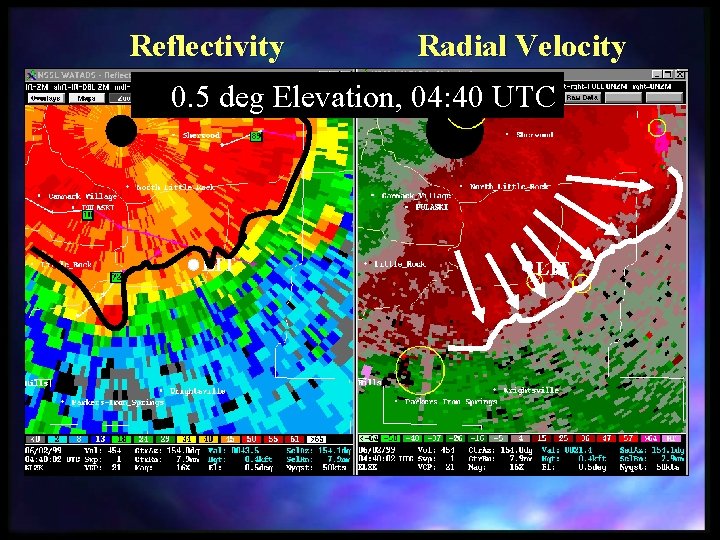  Reflectivity Radial Velocity 0. 5 deg Elevation, 04: 40 UTC LIT 