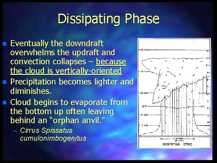 Dissipating Phase n n n Eventually the downdraft overwhelms the updraft and convection collapses