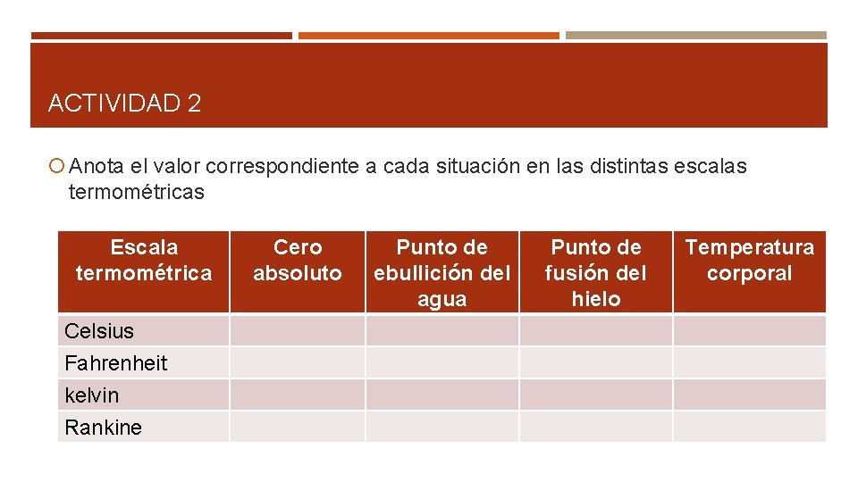 ACTIVIDAD 2 Anota el valor correspondiente a cada situación en las distintas escalas termométricas