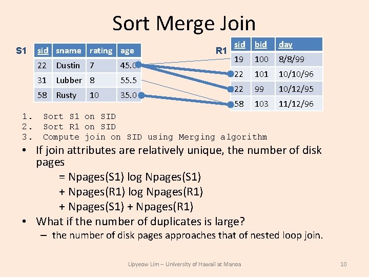 Sort Merge Join S 1 sid sname rating age 22 Dustin 1. 2. 3. Sort Merge Join S 1 sid sname rating age 22 Dustin 1. 2. 3.