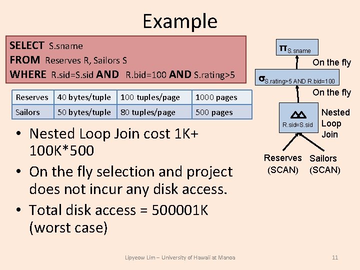 Example SELECT S. sname FROM Reserves R, Sailors S WHERE R. sid=S. sid AND Example SELECT S. sname FROM Reserves R, Sailors S WHERE R. sid=S. sid AND