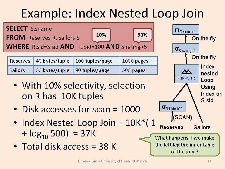 Example: Index Nested Loop Join SELECT S. sname 10% 50% FROM Reserves R, Sailors Example: Index Nested Loop Join SELECT S. sname 10% 50% FROM Reserves R, Sailors